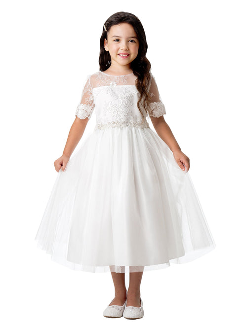 Girls Multi Color Sequin Floral Lace Crystal Tulle Tea Length Flower Girl Dress 2-16 - SophiasStyle.com